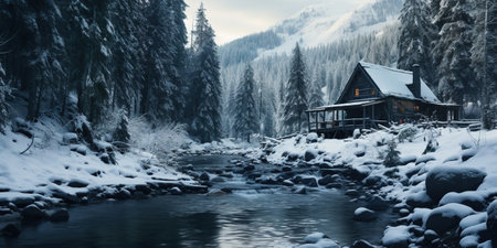 Generative AI, Winter aesthetic landscape with house panorama, muted neutral colors, forest and mountains..の素材
