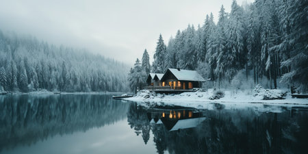 Generative AI, Winter aesthetic landscape with house panorama, muted neutral colors, forest and mountains..の素材