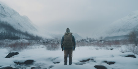 Generative AI, backpacker in winter landscape, traveler man tourist with backpack hiking in mountainsの素材