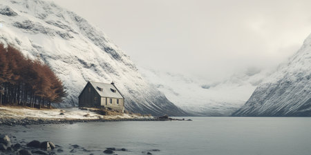 Generative AI, Winter aesthetic landscape with house panorama, muted neutral colors, forest and mountains..の素材