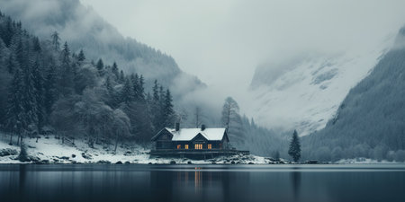 Generative AI, Winter aesthetic landscape with house panorama, muted neutral colors, forest and mountains..の素材
