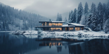 Generative AI, Winter aesthetic landscape with house panorama, muted neutral colors, forest and mountains..の素材