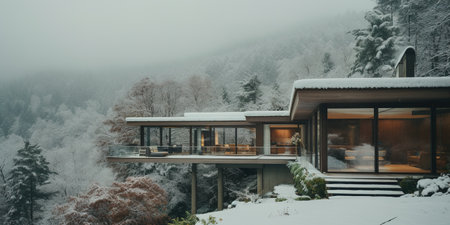 Generative AI, Winter aesthetic landscape with house panorama, muted neutral colors, forest and mountains..の素材