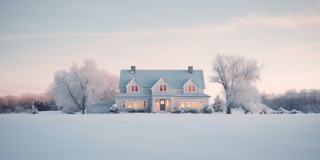 Generative AI, Winter aesthetic landscape with house panorama, muted neutral colors, forest and mountains..の素材