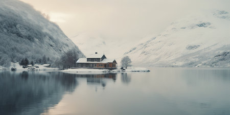 Generative AI, Winter aesthetic landscape with house panorama, muted neutral colors, forest and mountains..の素材