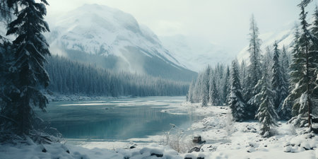 Generative AI, Winter aesthetic landscape panorama, muted neutral colors, forest and mountains.の素材