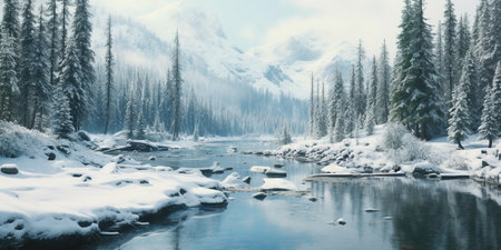 Generative AI, Winter aesthetic landscape panorama, muted neutral colors, forest and mountains.の素材