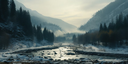 Generative AI, Winter aesthetic landscape panorama, muted neutral colors, forest and mountains.の素材