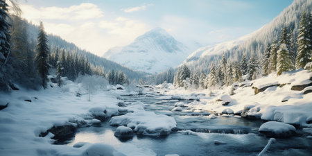 Generative AI, Winter aesthetic landscape panorama, muted neutral colors, forest and mountains.の素材