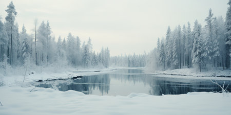 Generative AI, Winter aesthetic landscape panorama, muted neutral colors, forest and mountains.の素材