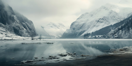 Generative AI, Winter aesthetic landscape panorama, muted neutral colors, forest and mountains.の素材