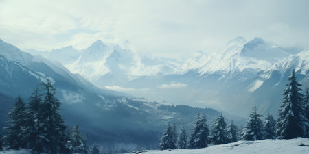 Generative AI, Winter aesthetic landscape panorama, muted neutral colors, forest and mountains.の素材