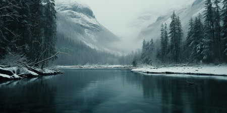 Generative AI, Winter aesthetic landscape panorama, muted neutral colors, forest and mountains.の素材