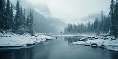 Generative AI, Winter aesthetic landscape panorama, muted neutral colors, forest and mountains.の素材