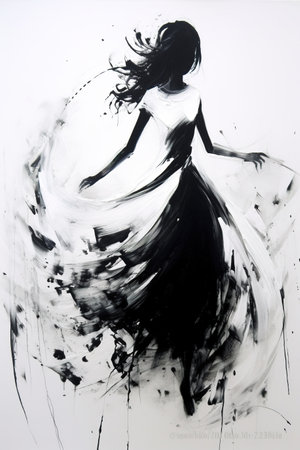 Generative AI, Beautiful dancing woman drawn by black ink or watercolor. Hand paint black and white fashion sketch.の素材