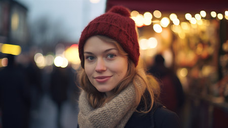 Generative AI, Beautiful young woman in the Christmas fair, blurred background, winter street market in Europe.の素材