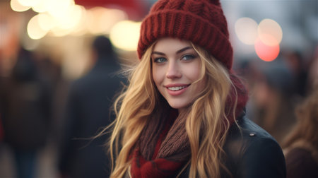 Generative AI, Beautiful young woman in the Christmas fair, blurred background, winter street market in Europe.の素材