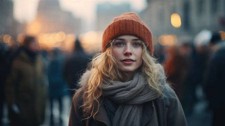 Generative AI, Beautiful young woman in the Christmas fair, blurred background, winter street market in Europe.の素材