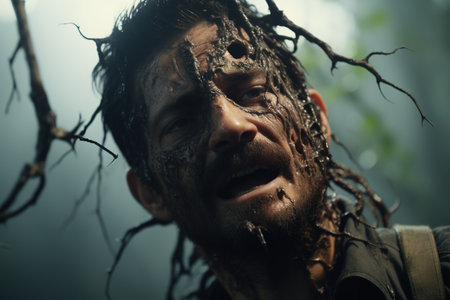 Generative AI, man with cordyceps growing on and out of his face and head, zombieの素材