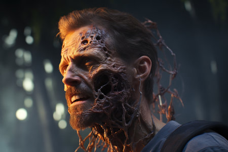 Generative AI, man with cordyceps growing on and out of his face and head, zombieの素材