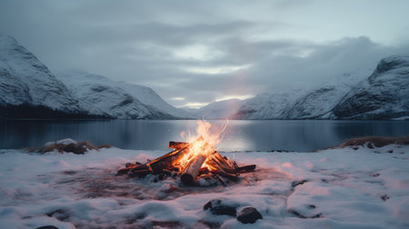 Generative AI, Burning bonfire, beautiful winter landscape, camping outdoor concept in neutral muted colors, tourist campの素材