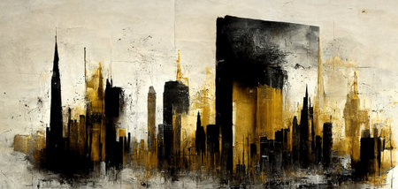 Generative AI, Black and golden watercolor abstract cityscape painted background. Ink black street graffiti art on a textured paper vintage background, washes and brush strokesの素材