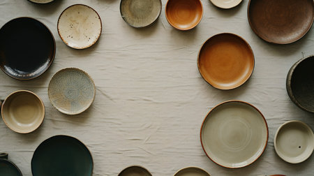 Generative AI, crafted pottery, still life of hand made pottery and ceramic bowls, hobby and leisure conceptの素材
