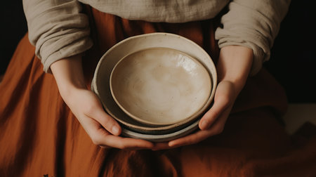 Generative AI, crafted pottery, still life of hand made pottery and ceramic bowls, hobby and leisure conceptの素材