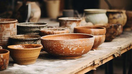 Generative AI, crafted pottery, still life of hand made pottery and ceramic bowls, hobby and leisure conceptの素材