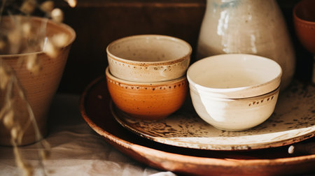 Generative AI, crafted pottery, still life of hand made pottery and ceramic bowls, hobby and leisure conceptの素材