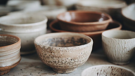 Generative AI, crafted pottery, still life of hand made pottery and ceramic bowls, hobby and leisure conceptの素材