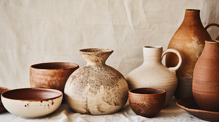 Generative AI, crafted pottery, still life of hand made pottery and ceramic bowls, hobby and leisure conceptの素材