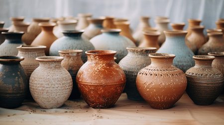 Generative AI, crafted pottery, still life of hand made pottery and ceramic bowls, hobby and leisure conceptの素材