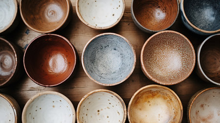 Generative AI, crafted pottery, still life of hand made pottery and ceramic bowls, hobby and leisure conceptの素材