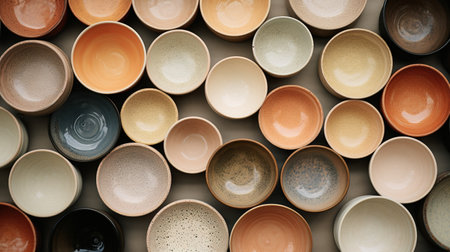 Generative AI, crafted pottery, still life of hand made pottery and ceramic bowls, hobby and leisure conceptの素材