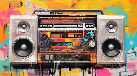 Generative AI, Grunge audio recorder, pop art graffiti, vibrant color. Ink melted paint street art on a textured paper vintage backgroundの素材