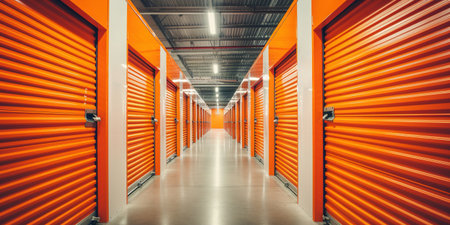 Generative AI, Mini colorful metal self storage facilities rental units, warehouse exterior, industry garage building.の素材