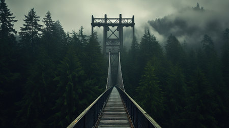 Generative AI, treetop boarding bridge on misty fir forest beautiful landscape in hipster vintage retro style, foggy mountains and trees.の素材