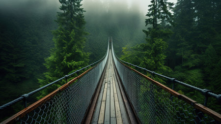 Generative AI, treetop boarding bridge on misty fir forest beautiful landscape in hipster vintage retro style, foggy mountains and trees.の素材