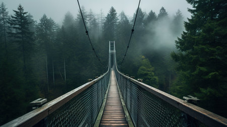 Generative AI, treetop boarding bridge on misty fir forest beautiful landscape in hipster vintage retro style, foggy mountains and trees.の素材