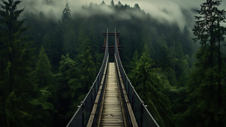 Generative AI, treetop boarding bridge on misty fir forest beautiful landscape in hipster vintage retro style, foggy mountains and trees.の素材