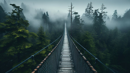Generative AI, treetop boarding bridge on misty fir forest beautiful landscape in hipster vintage retro style, foggy mountains and trees.の素材