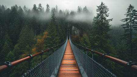 Generative AI, treetop boarding bridge on misty fir forest beautiful landscape in hipster vintage retro style, foggy mountains and trees.の素材