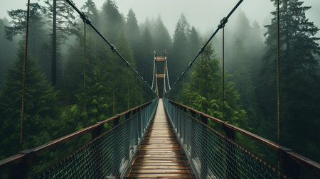 Generative AI, treetop boarding bridge on misty fir forest beautiful landscape in hipster vintage retro style, foggy mountains and trees.の素材