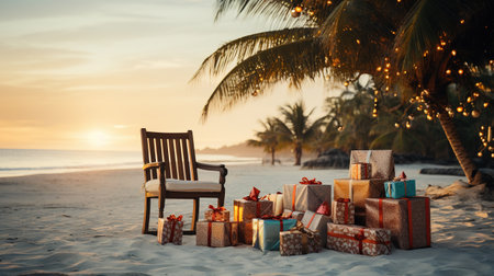 Generative AI, Christmas on the beach. Gifts, Christmas tree, palm, ocean and chairs. Vacation conceptの素材