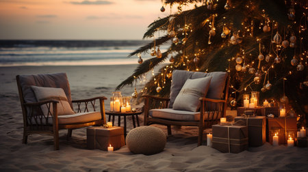 Generative AI, Christmas on the beach. Gifts, Christmas tree, palm, ocean and chairs. Vacation conceptの素材