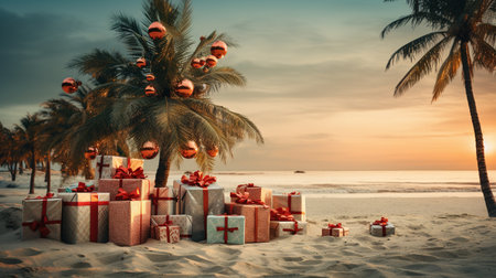Generative AI, Christmas on the beach. Gifts, Christmas tree, palm, ocean and chairs. Vacation conceptの素材
