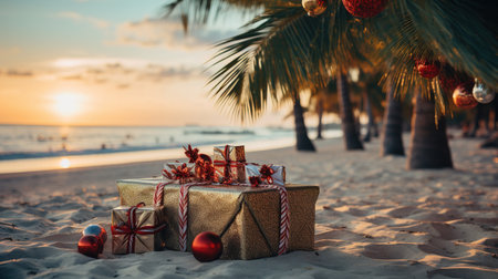 Generative AI, Christmas on the beach. Gifts, Christmas tree, palm, ocean and chairs. Vacation conceptの素材