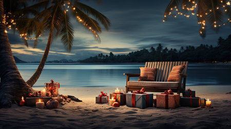 Generative AI, Christmas on the beach. Gifts, Christmas tree, palm, ocean and chairs. Vacation conceptの素材