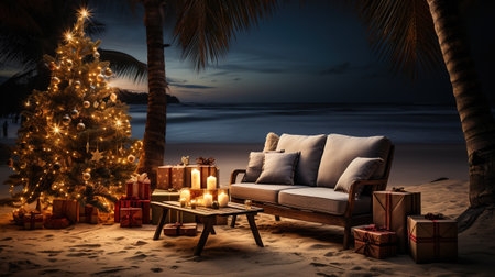 Generative AI, Christmas on the beach. Gifts, Christmas tree, palm, ocean and chairs. Vacation conceptの素材
